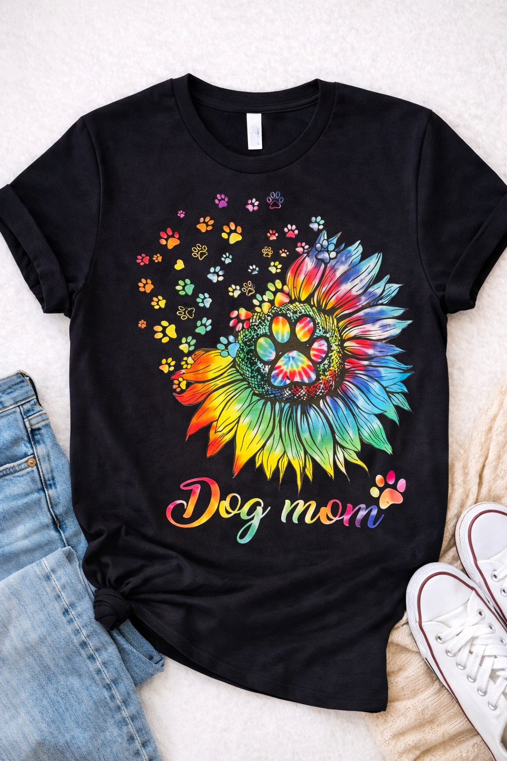 Dog Mom – Rainbow Sunflower Paw Print Graphic T-Shirt – Custom Apparel