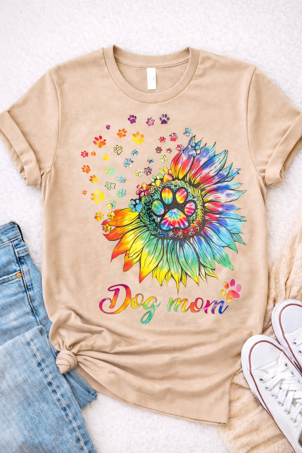 Dog Mom – Rainbow Sunflower Paw Print Graphic T-Shirt – Custom Apparel
