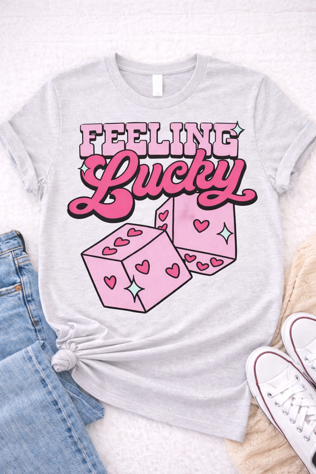 Feeling Lucky – Pink Dice Graphic T-Shirt Custom Apparel