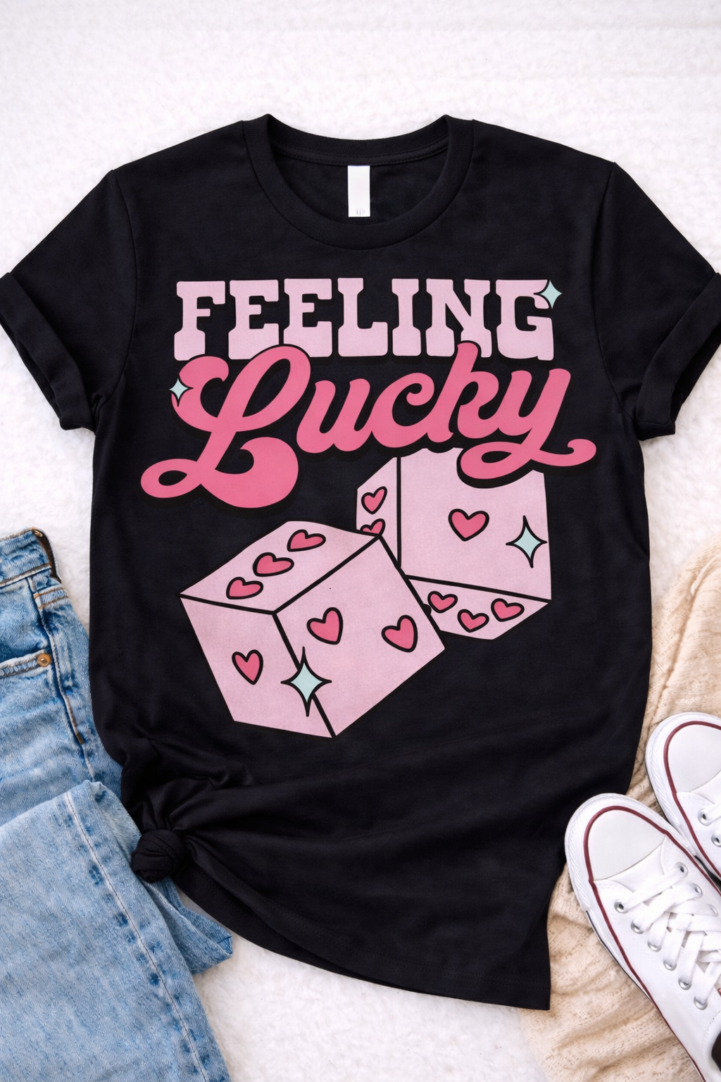 Feeling Lucky – Pink Dice Graphic T-Shirt Custom Apparel
