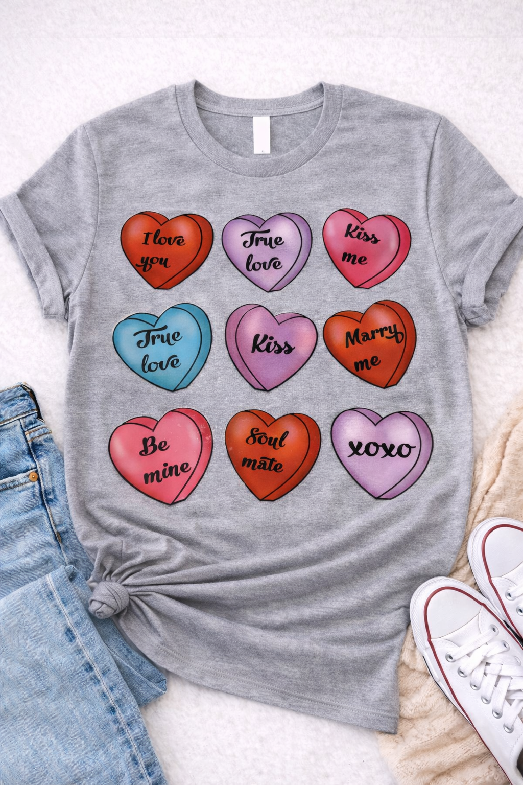 Conversation Hearts – Valentine Candy Heart Graphic T-Shirt -Custom Apparel
