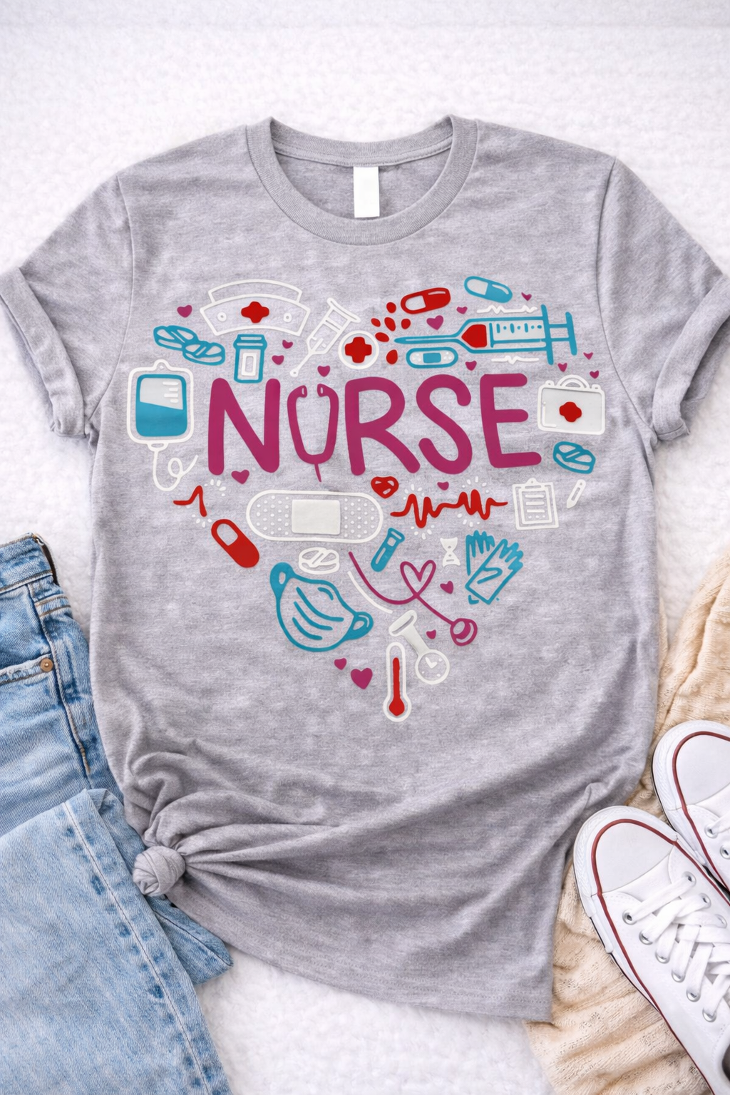 Nurse Life – Heart Medical Icons Graphic T-Shirt -Custom Apparel