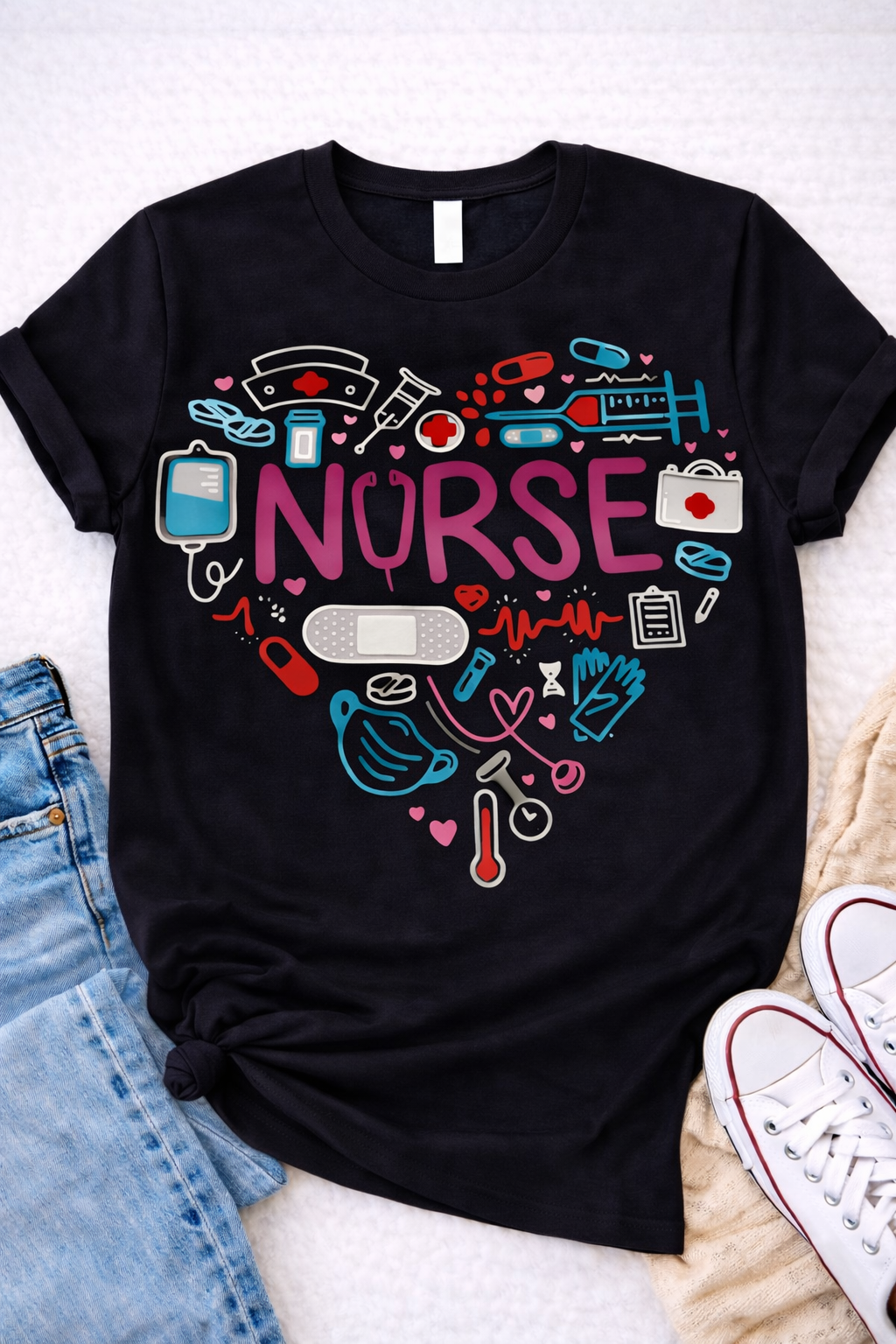 Nurse Life – Heart Medical Icons Graphic T-Shirt -Custom Apparel