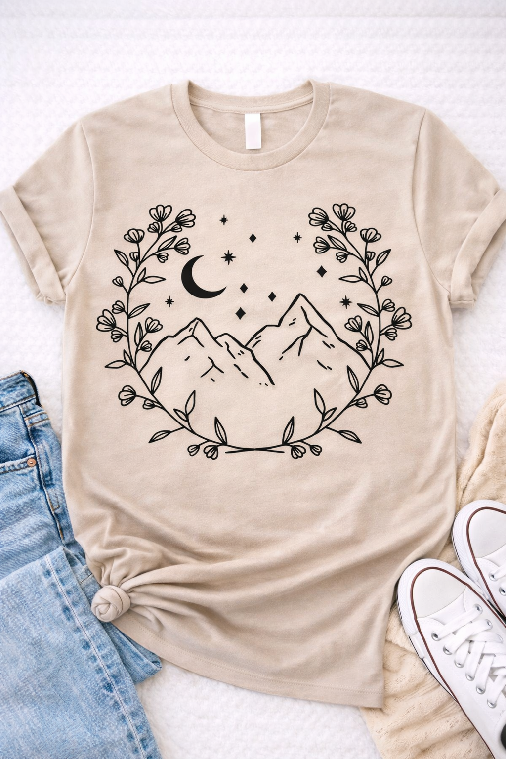 Mountain Moon – Floral Nature Line Art Graphic T-Shirt -Custom Apparel