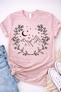 Mountain Moon – Floral Nature Line Art Graphic T-Shirt -Custom Apparel