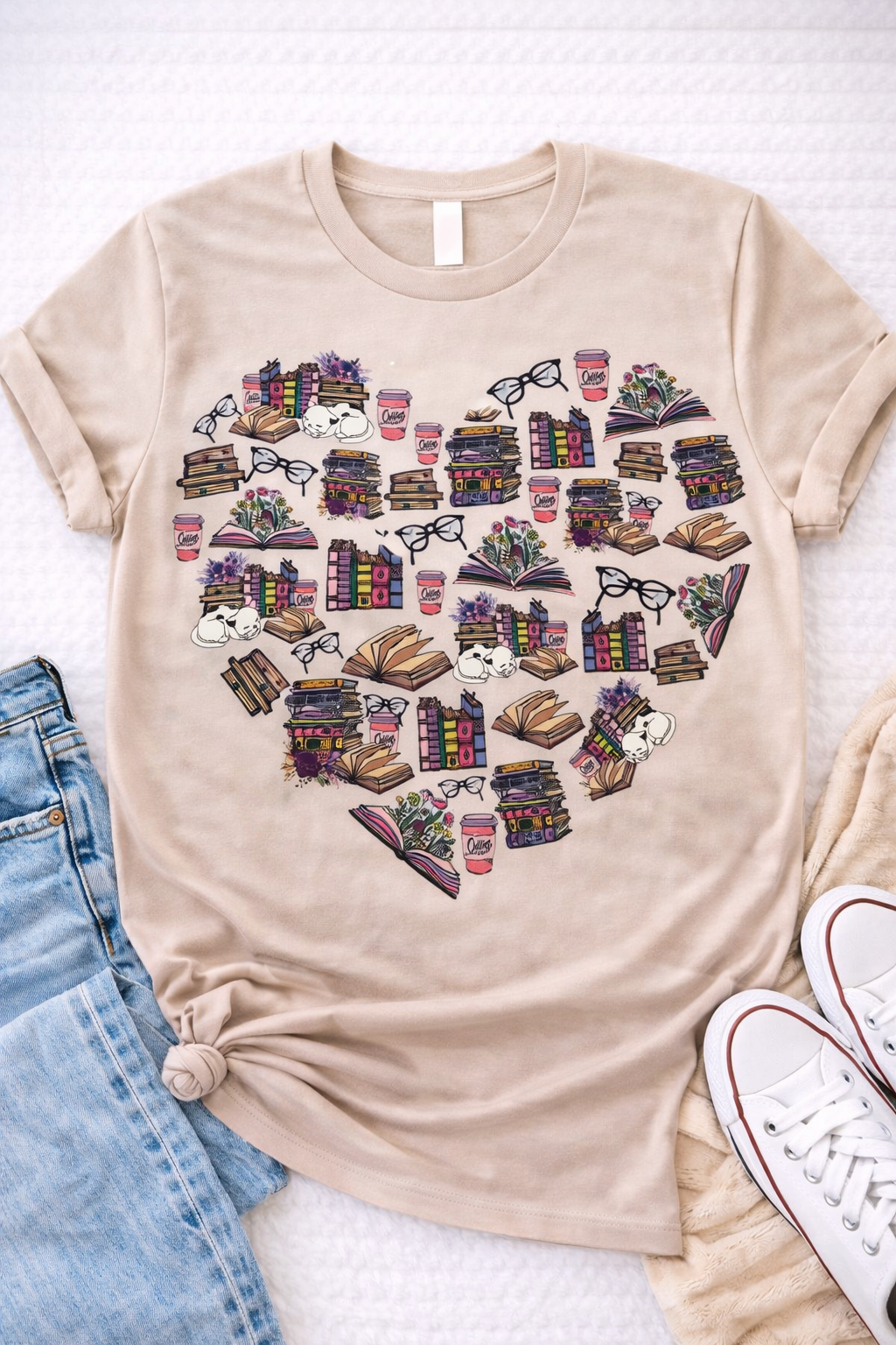 Book Lover Heart – Books, Coffee & Cats Graphic T-Shirt-Custom Apparel