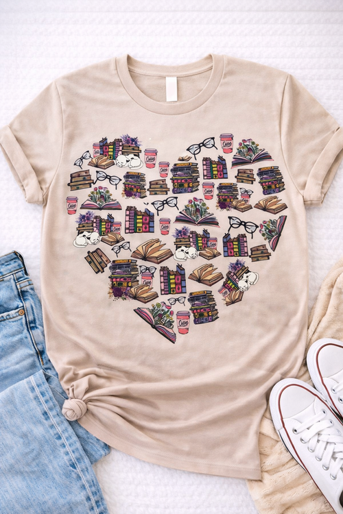Book Lover Heart – Books, Coffee & Cats Graphic T-Shirt-Custom Apparel