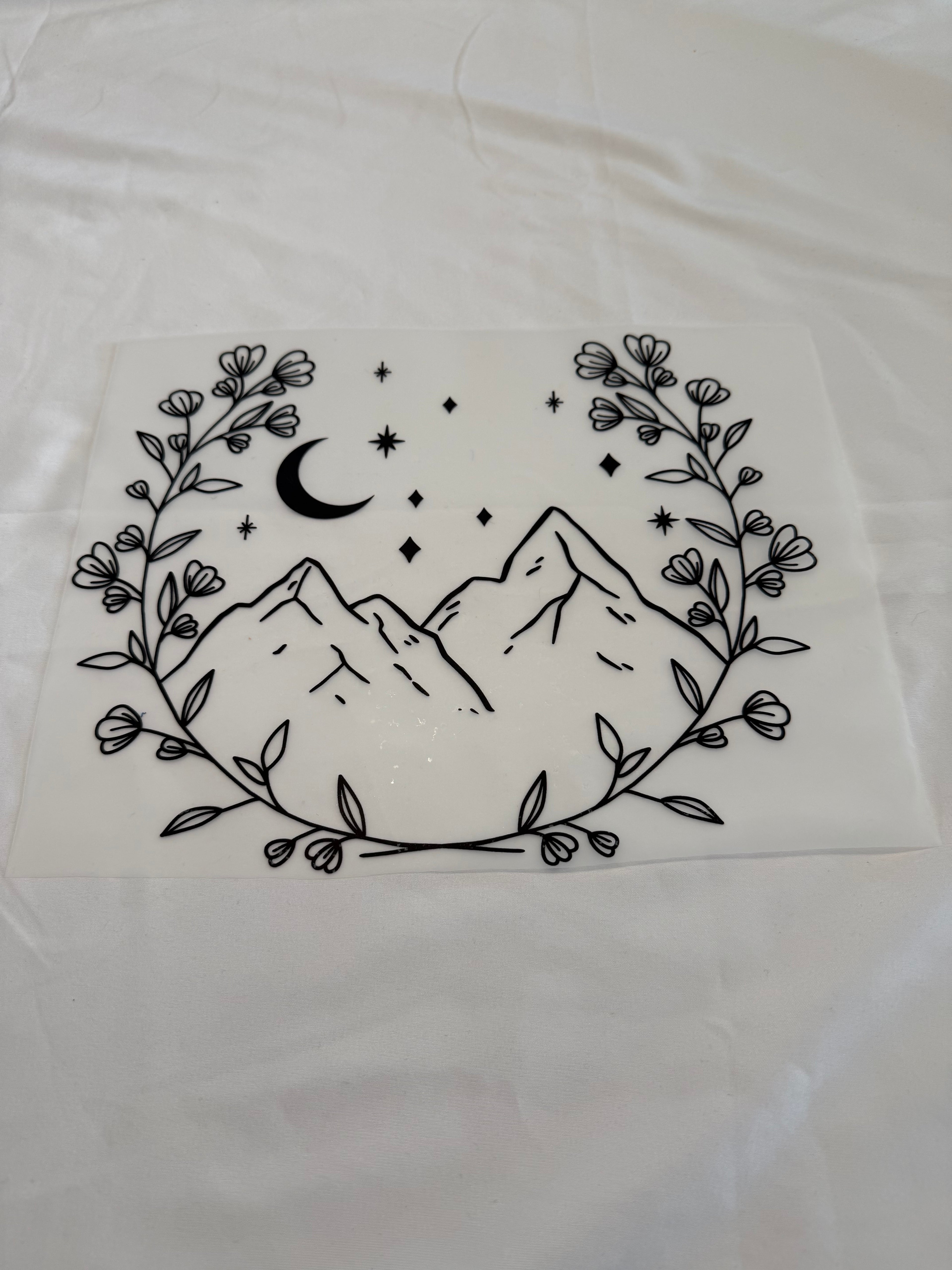 Mountain Moon – Floral Nature Line Art Graphic T-Shirt -Custom Apparel